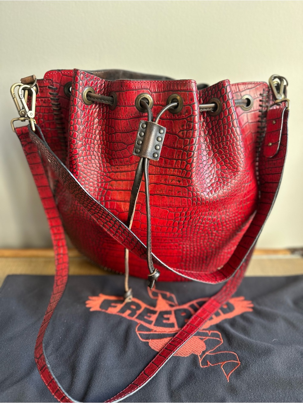 Freebird by Steven Red Croc-Embossed Drawstring Shoulder Bag